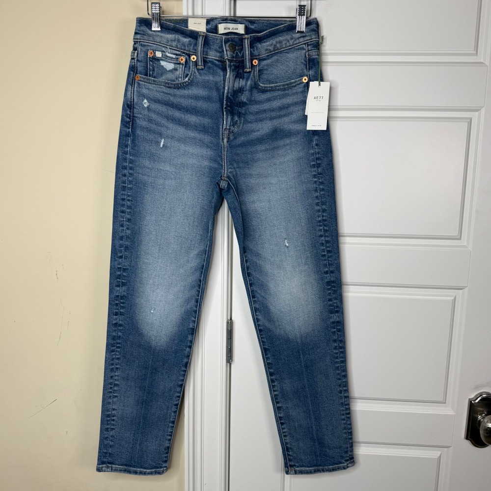 American Eagle AE77 Mom Jean Women 0 Short Blue High Waisted Distressed Denim